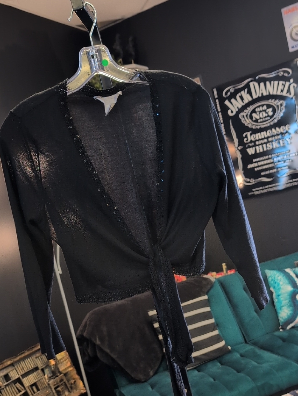 White House Black Market Black Tie-Front Cardigan with Subtle Sheen